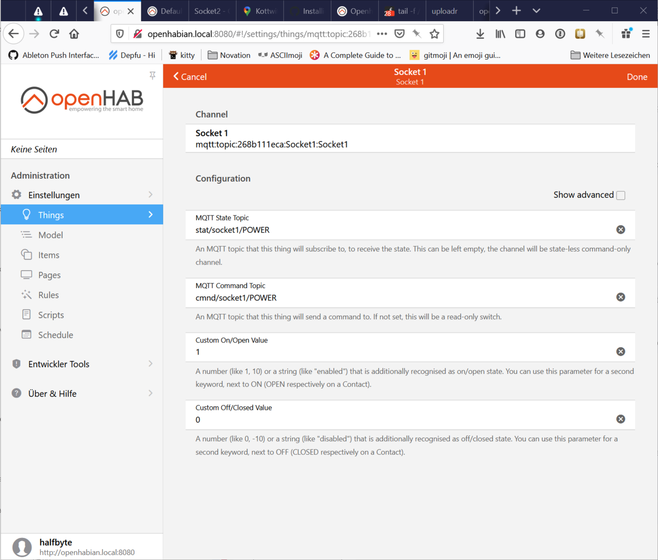 A screenshot of the OpenHAB configuration for an MQTT device channel