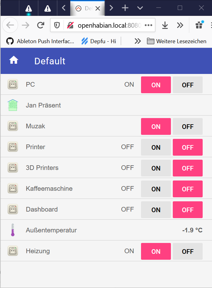 A screenshot of the basic UI of OpenHAB