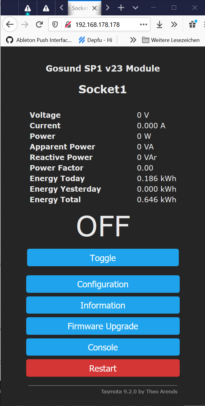 A screenshot of the tasmota ui running on one of my Gosund SP1's