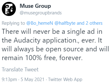 Muse Group Brands tweets: "There will never be a single ad in the Audacity application., ever. It will always be open source and will remain 100% free, forever."